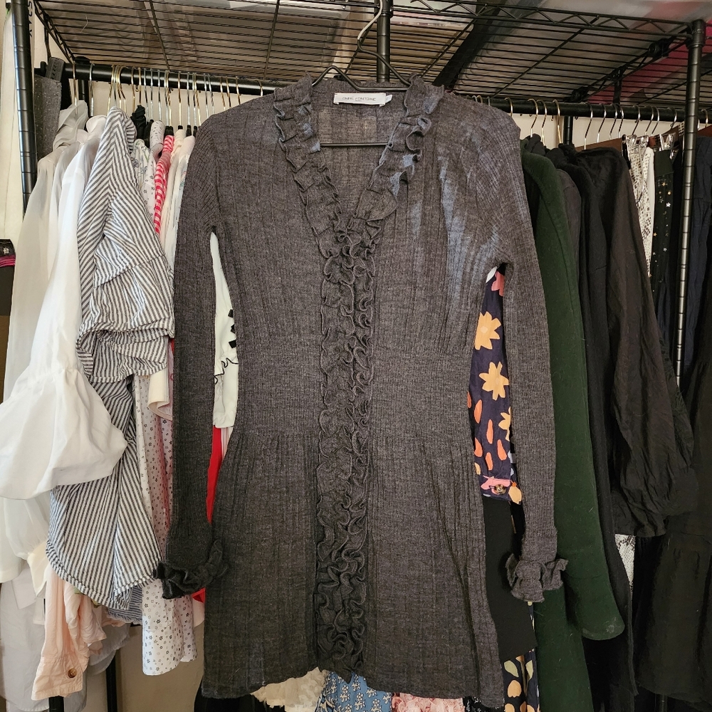 Anne Fontaine 100% Wool Ruffle Longline Cardigan, 40 / US 4 Small
